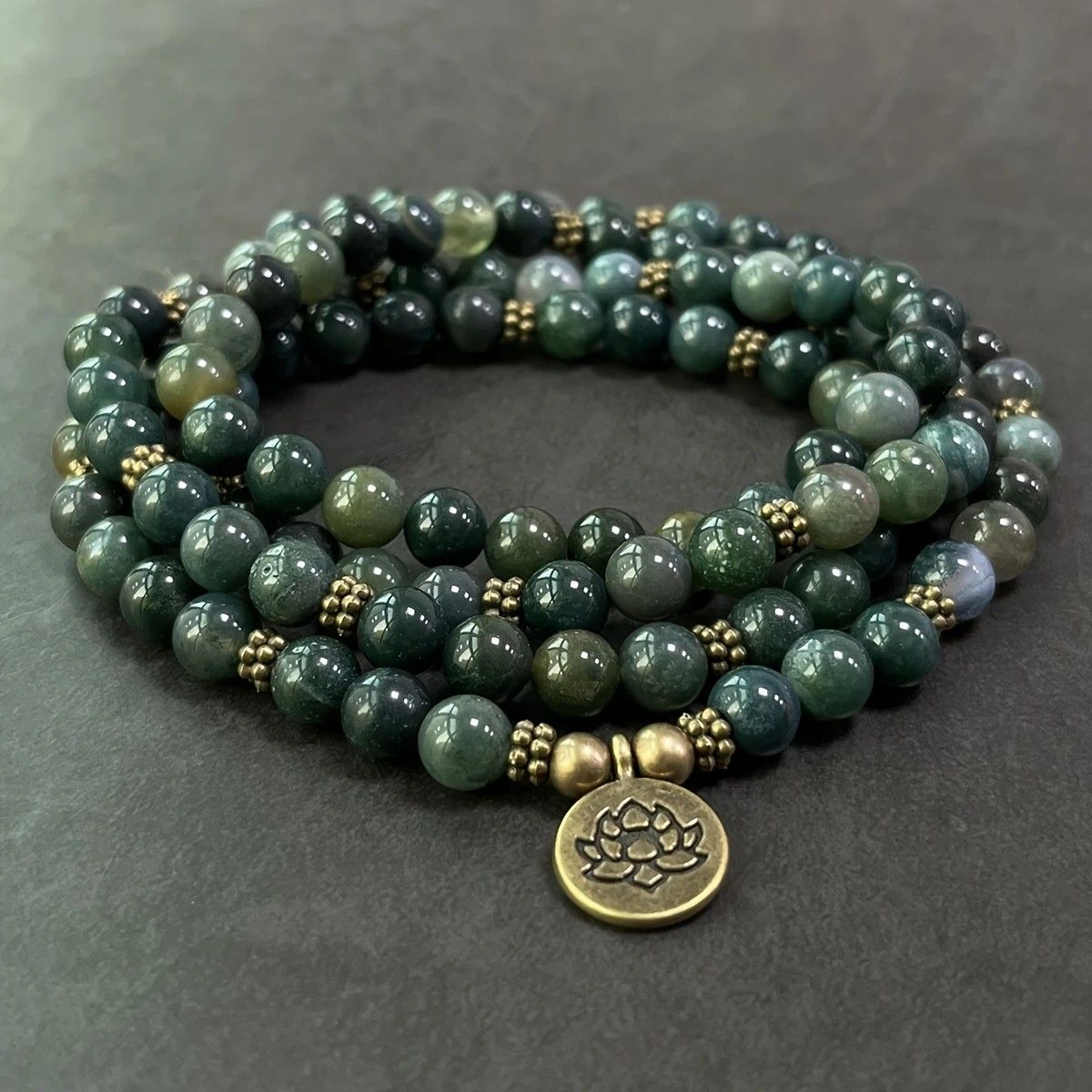 108-Piece Moss Agate Handcrafted Necklace, Natural Plant-Patterned Zen Layered Blessing Bead Strand V1232-YLBSCXL001