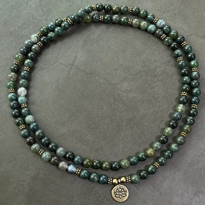 108-Piece Moss Agate Handcrafted Necklace, Natural Plant-Patterned Zen Layered Blessing Bead Strand V1232-YLBSCXL001