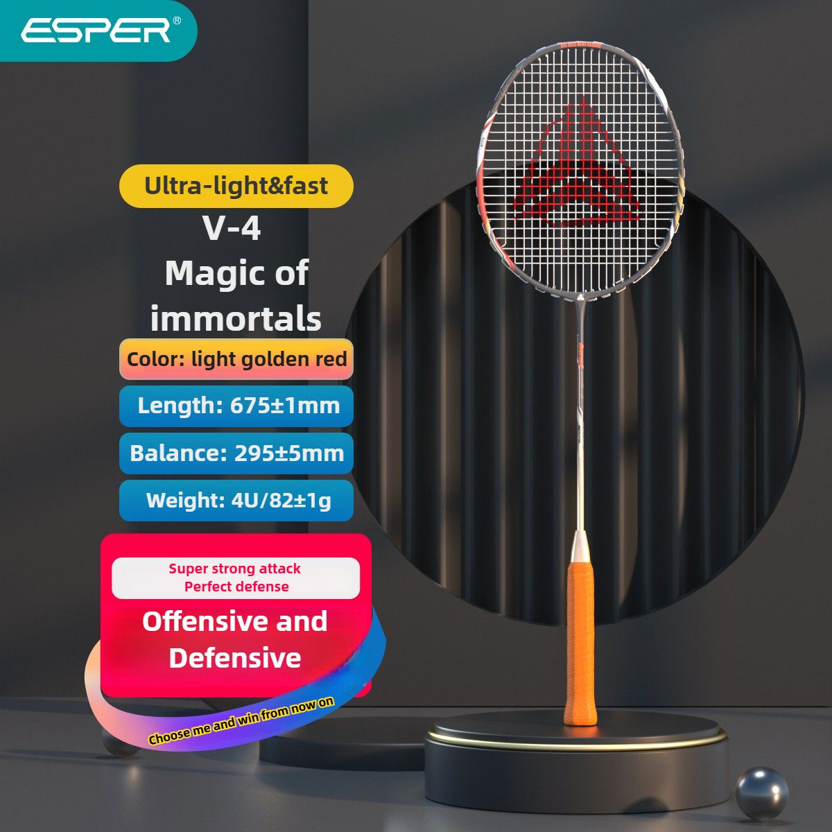 ESPER V4 Badminton Racket 82g Lightweight 4U Full Carbon Fiber All-Around Professional Match Training Durable V1232-YMQPV4002