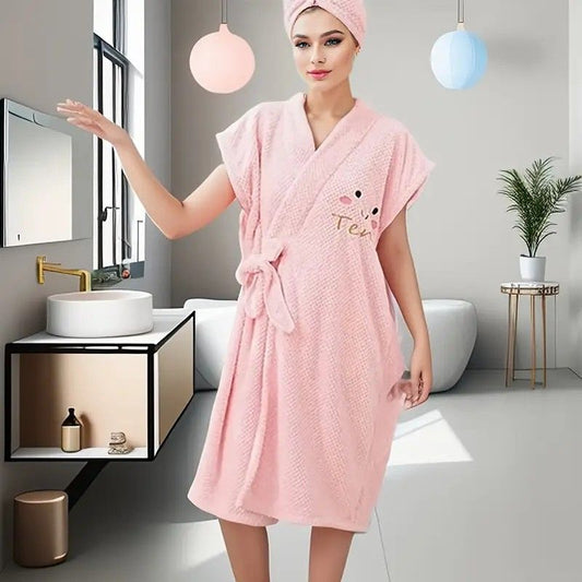 Women's Coral Fleece Pineapple Grid Two-Piece Set | Cloud-Like Touch Adjustable Bath Robe + Hair Towel, V1232-YPFMTZ001