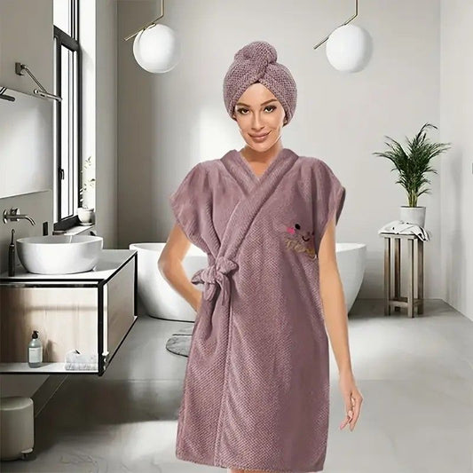 Women's Coral Fleece Pineapple Grid Two-Piece Set | Cloud-Like Touch Adjustable Bath Robe + Hair Towel, V1232-YPFMTZ002