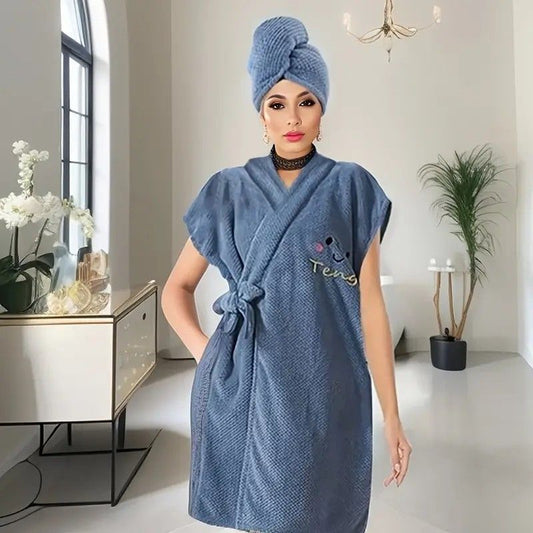 Women's Coral Fleece Pineapple Grid Two-Piece Set | Cloud-Like Touch Adjustable Bath Robe + Hair Towel, V1232-YPFMTZ003