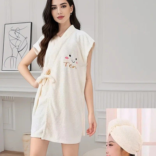 Women's Coral Fleece Pineapple Grid Two-Piece Set | Cloud-Like Touch Adjustable Bath Robe + Hair Towel, V1232-YPFMTZ004