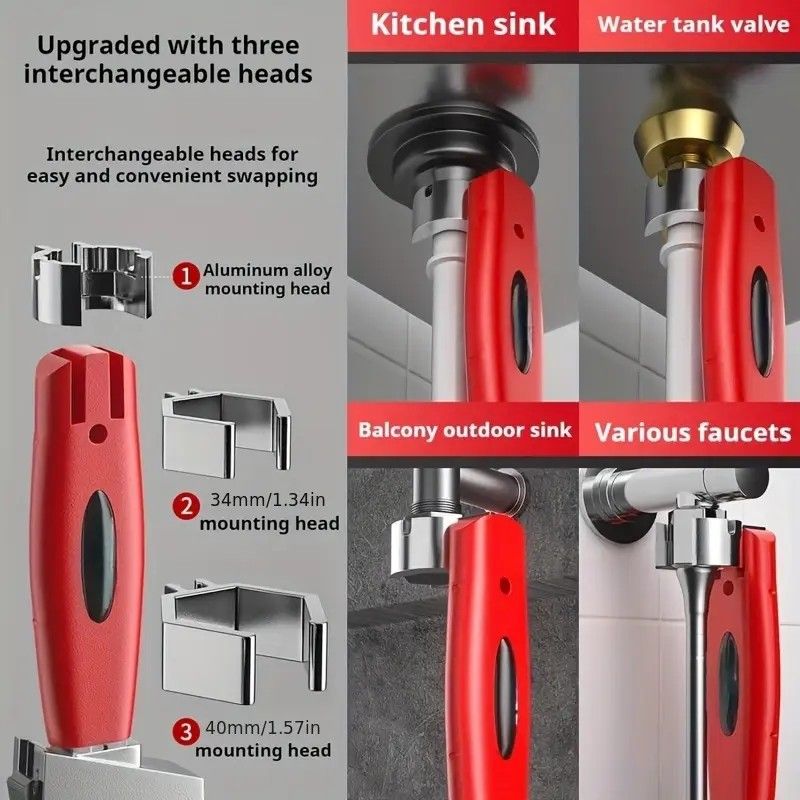 Large-Open Adjustable Basin Wrench, 3-Head Interchangeable Tight-Space Plumbing Tool, Aluminum Alloy V1232-YSBS002