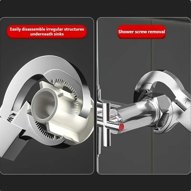 Large-Open Adjustable Basin Wrench, 3-Head Interchangeable Tight-Space Plumbing Tool, Aluminum Alloy V1232-YSBS002