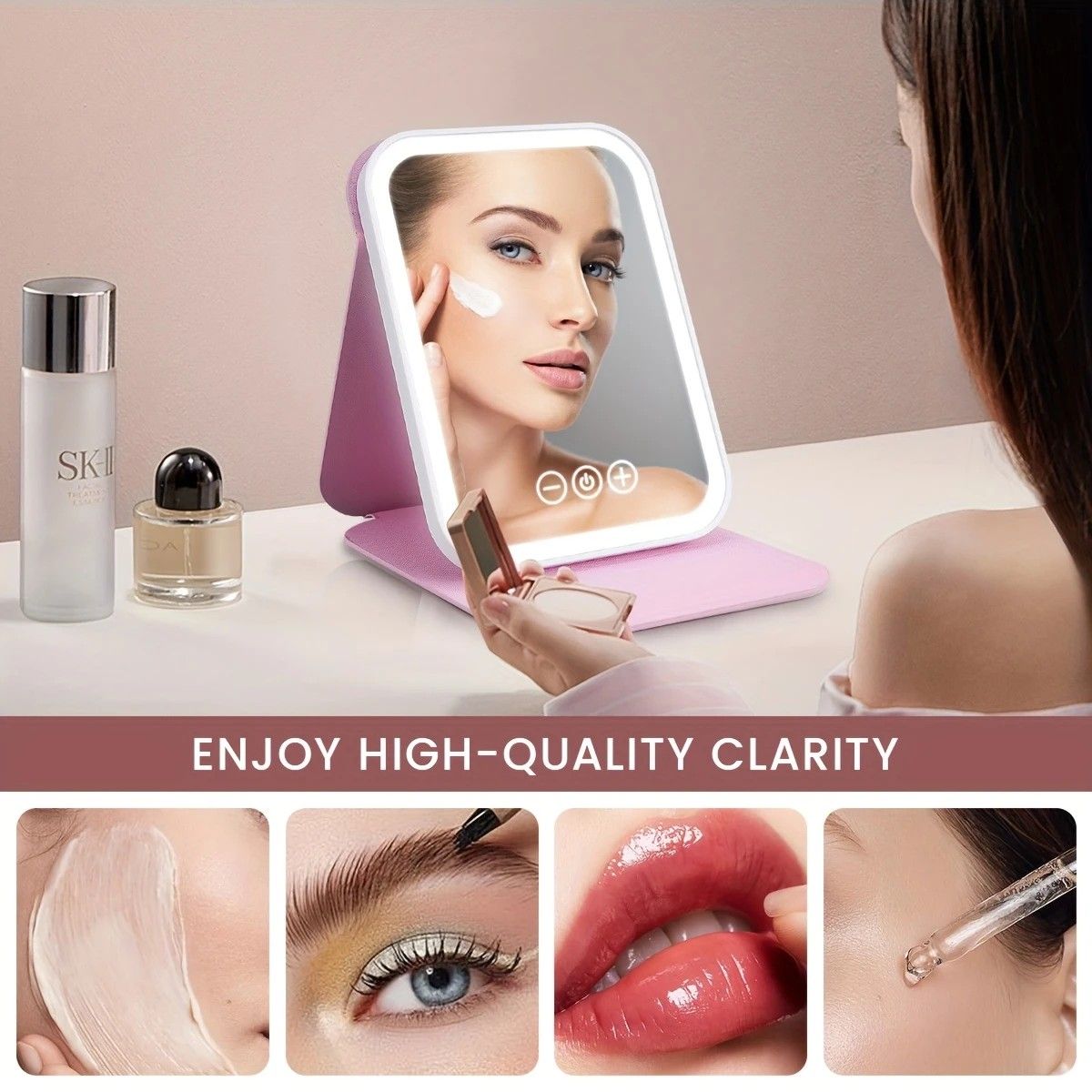 LED Makeup Mirror with Lights, 3 Color Modes Touch Control, Rechargeable Travel Vanity Mirror(pink) V1232-ZDHZJ001