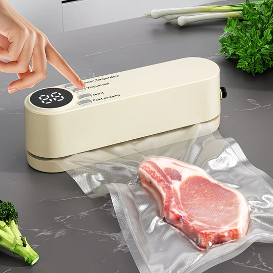 beige.USB Rechargeable Portable Vacuum Sealer, includes sealing bags and a rapid vacuum pump. Space-saving V1232-ZKJ003
