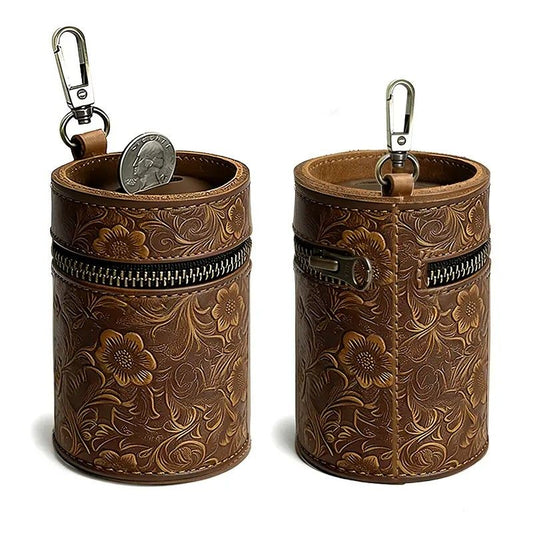 Genuine Leather Carved Barrel Piggy Bank, Natural Top Grain Cowhide Vintage Relief, Zipper Closure Portable V1232-ZPCQG001