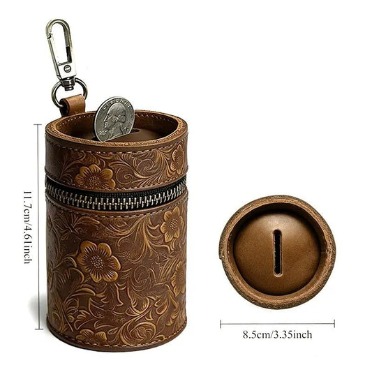 Genuine Leather Carved Barrel Piggy Bank, Natural Top Grain Cowhide Vintage Relief, Zipper Closure Portable V1232-ZPCQG001