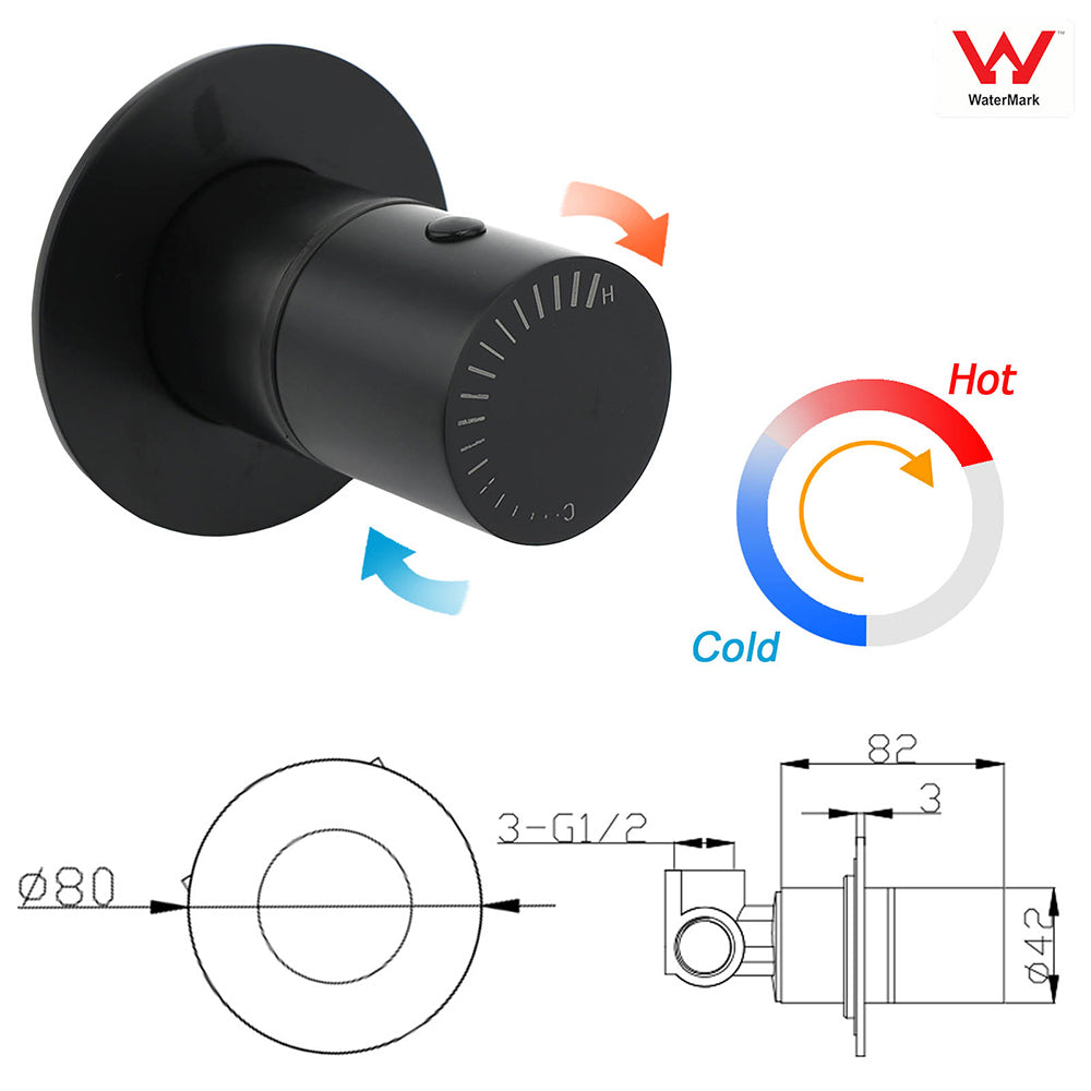 Watermark Matt Black Round Bath Shower Mixer Hot Cold Tap Valve Turn No Handle V1233-230166PH
