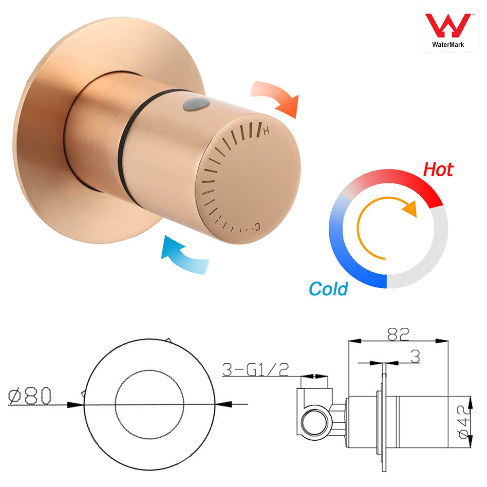 Watermark Round Shower Mixer Brass Hot Cold Water Tap Valve Brushed Rose Gold V1233-230166RG