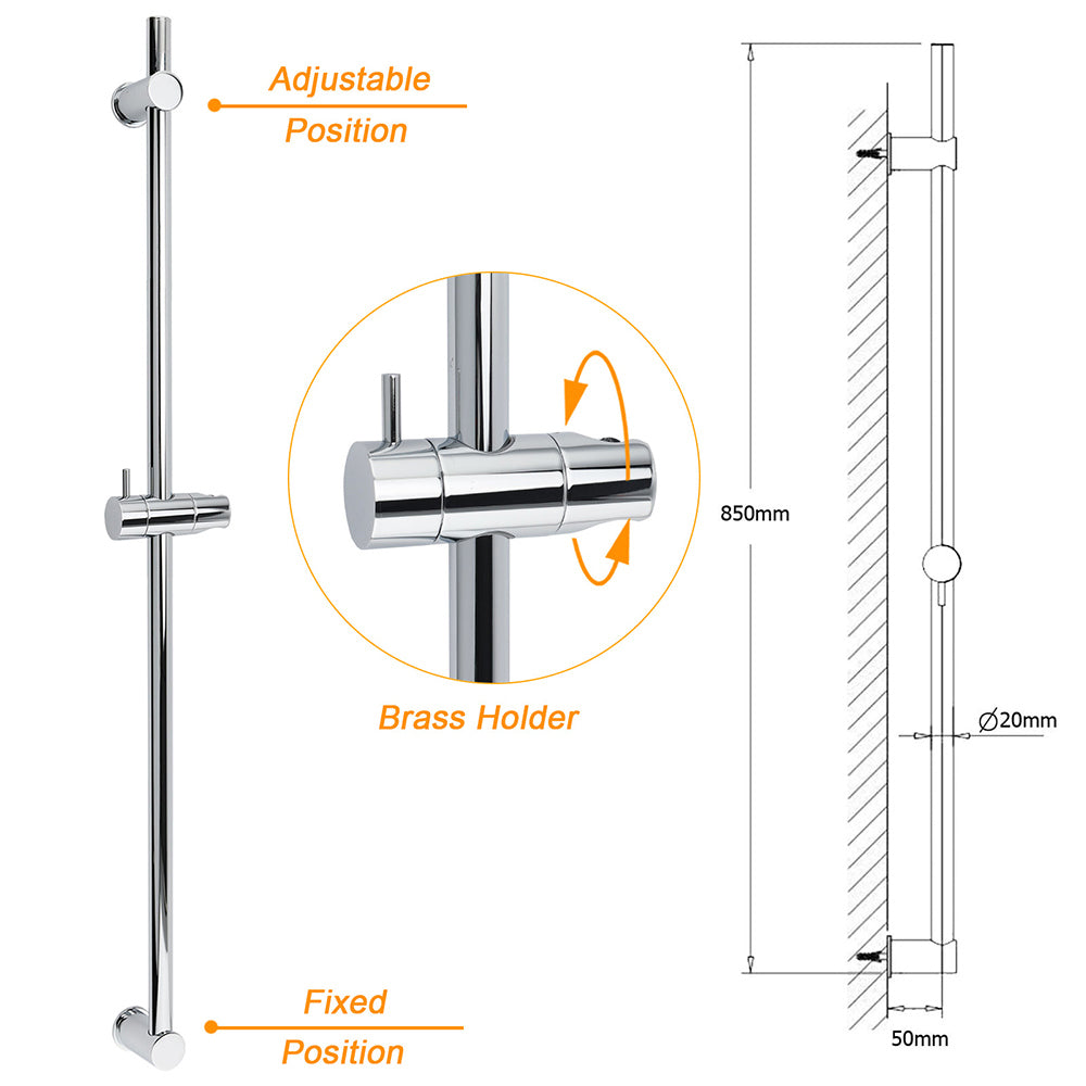Strong Brass Chrome Round 850mm Long Sliding Rail Bar Holder For Handheld Shower V1233-376704RO