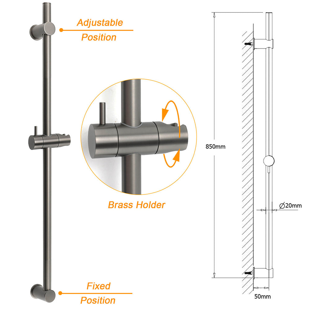 Gun Metal Grey Brass 850mm Long Sliding Rail Bar Swivel Handheld Shower Holder Bracket V1233-376704ROGM