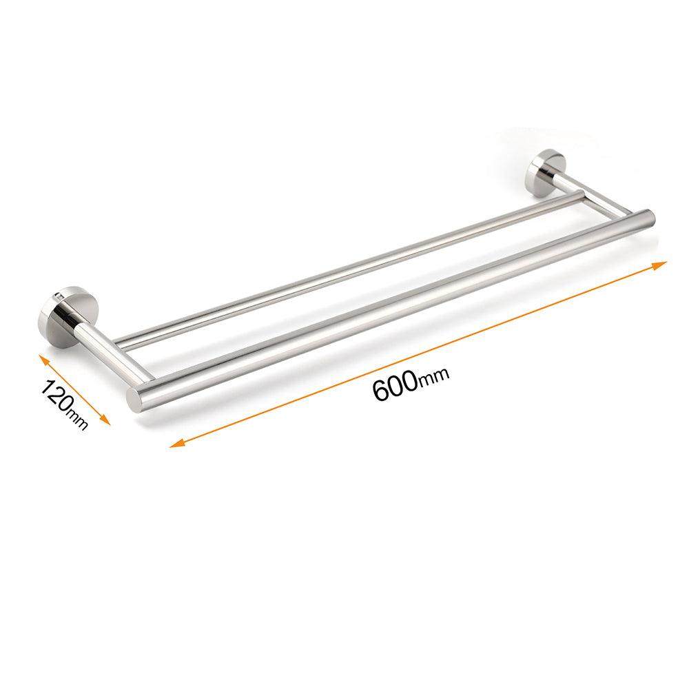 Polished Chrome 600mm Double Towel Rack Holder Stainless Steel Hanger Rail Kit V1233-6900360CR
