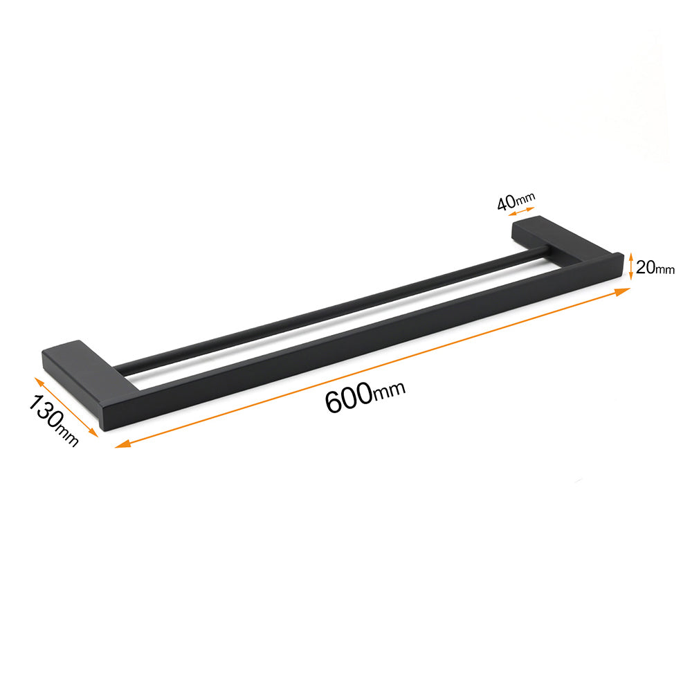 Matt Black Cubic Square 600mm Double Towel Rail Rack Hanger Holder Bar Wall Kit V1233-8700360BL