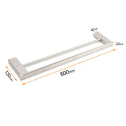 Brushed Nickel Square Towel Rail Rack 600mm Double Hanger Holder Bar Bathroom V1233-8700360BN