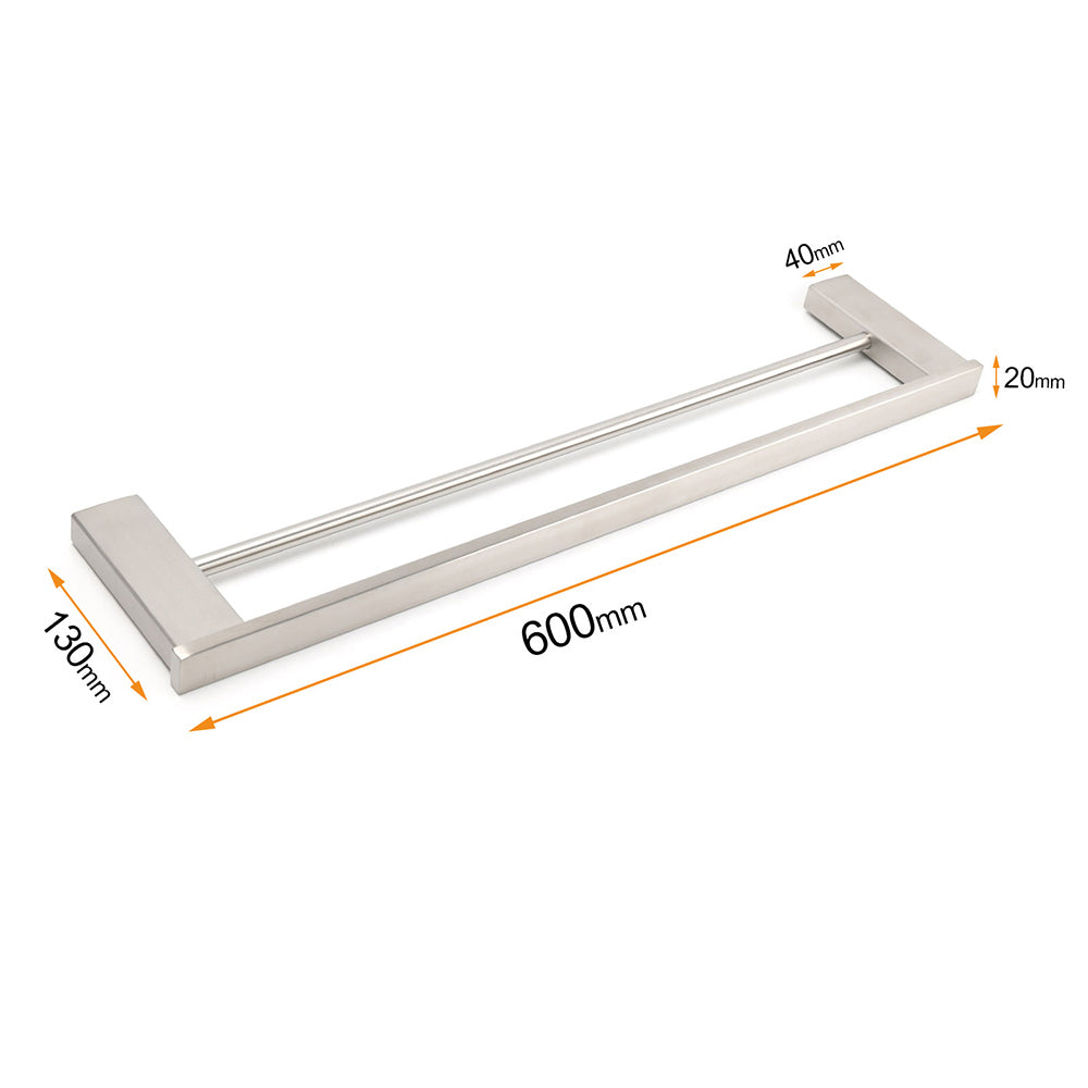 Brushed Nickel Square Towel Rail Rack 600mm Double Hanger Holder Bar Bathroom V1233-8700360BN