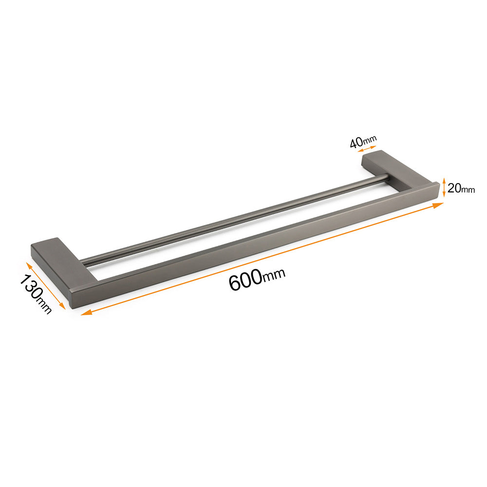 Gun Metal Grey Square Strong Towel Rail Rack 600mm Double Hanger Holder Bar Kit V1233-8700360GM