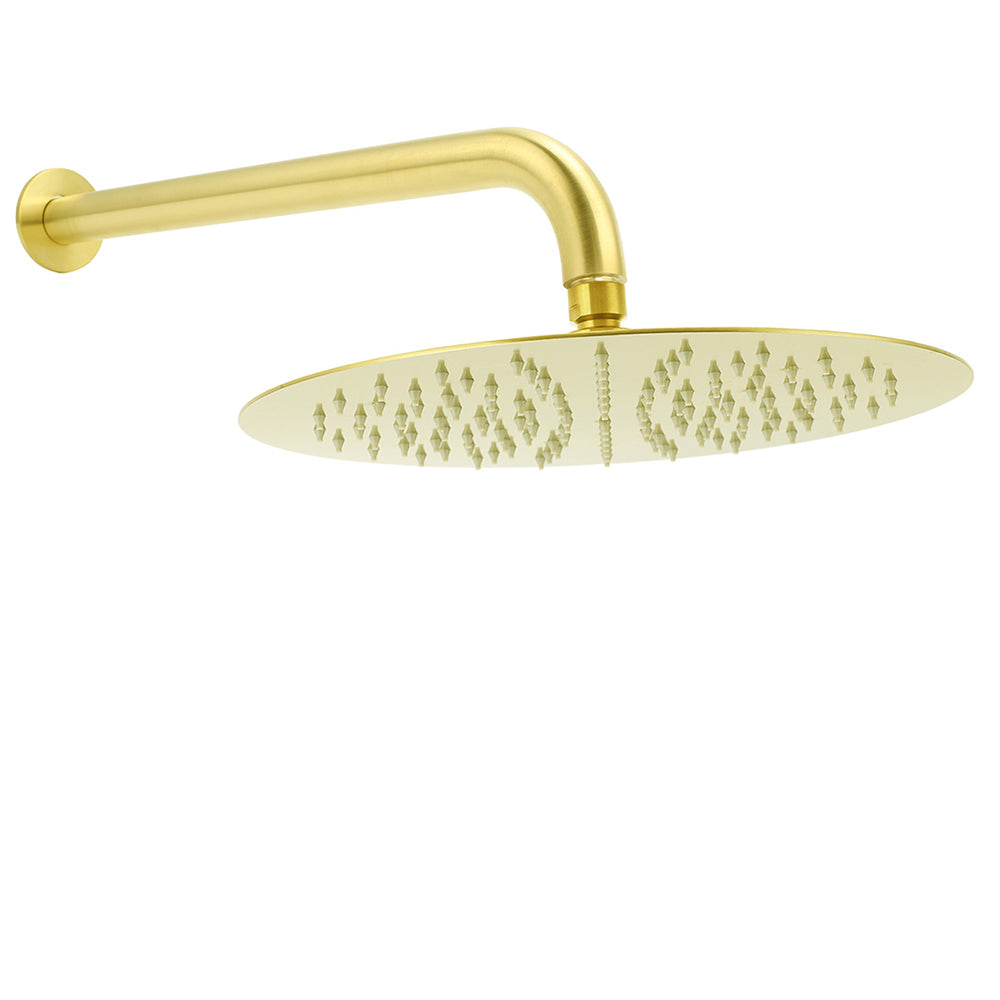 PVD Brushed Gold 12" Shower Rain Head 355mm Straight Wall Mount Arm Bathroom Set V1233-A201GKSR112G