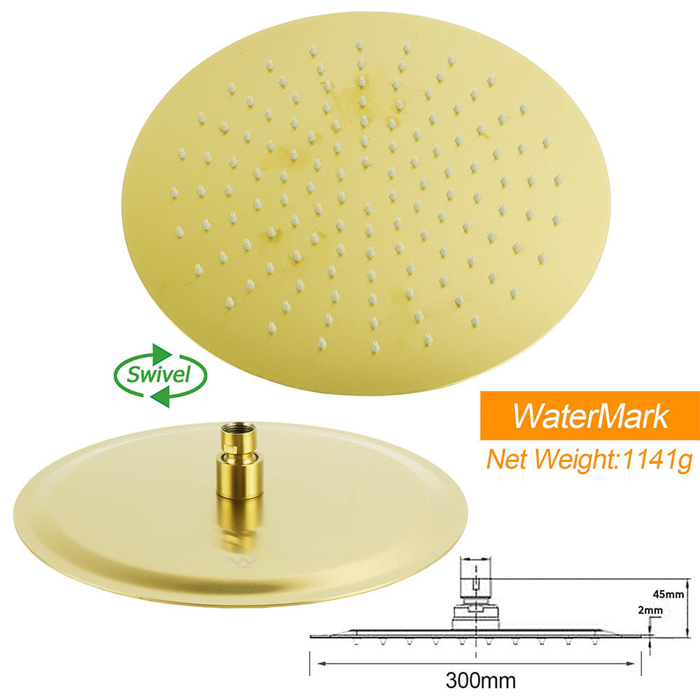PVD Brushed Gold 12" Shower Rain Head 355mm Straight Wall Mount Arm Bathroom Set V1233-A201GKSR112G