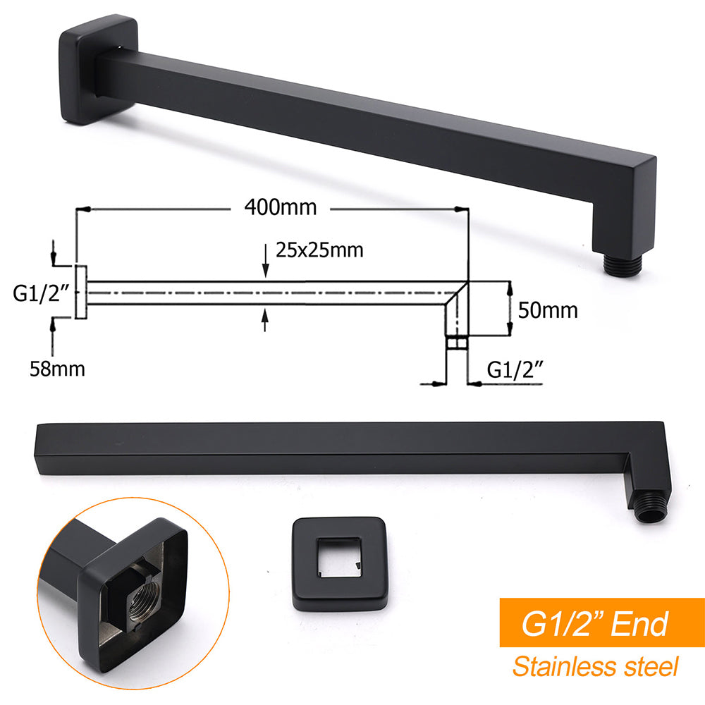 Matt Black Square 8" Rainfall Shower Head & 400mm Brass Straight Wall Mount Arm Set V1233-A203BKSS108B