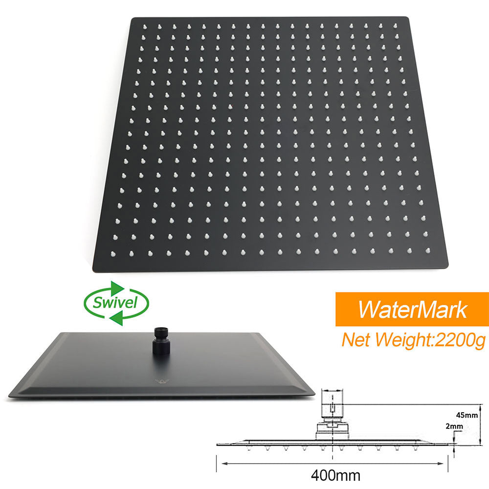 Matt Black 16" Large Rainfall Shower Head 300mm Ceiling Dropper Arm Square Mixer Taps V1233-A502300BKSS116B