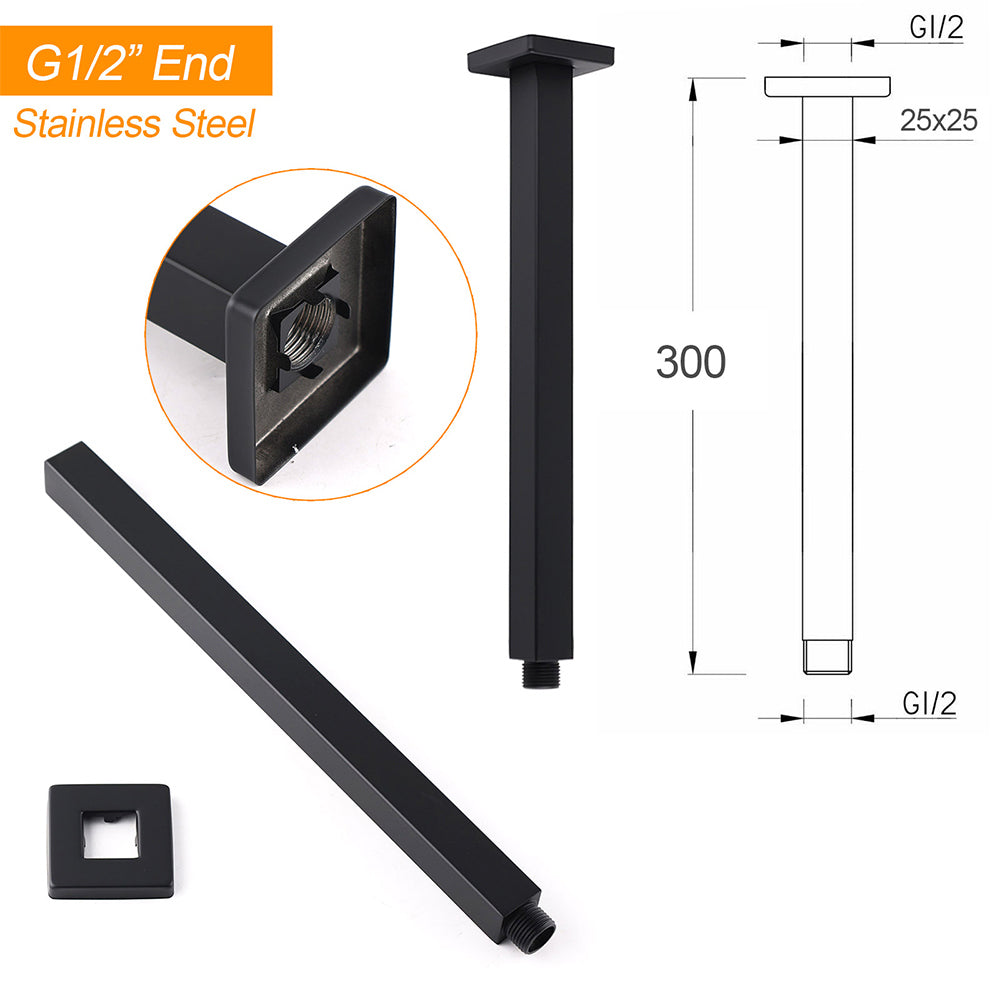 Matt Black 16" Large Rainfall Shower Head 300mm Ceiling Dropper Arm Square Mixer Taps V1233-A502300BKSS116B