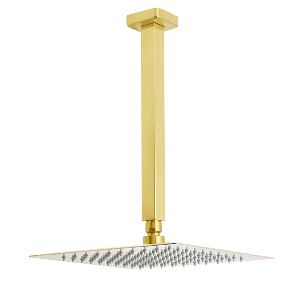 Brushed Gold Square 10" Rainfall Shower Head 30cm Ceiling Dropper Extension Arm Set V1233-A502300GKSS110G