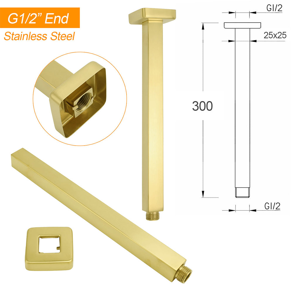 Brushed Gold Square 10" Rainfall Shower Head 30cm Ceiling Dropper Extension Arm Set V1233-A502300GKSS110G