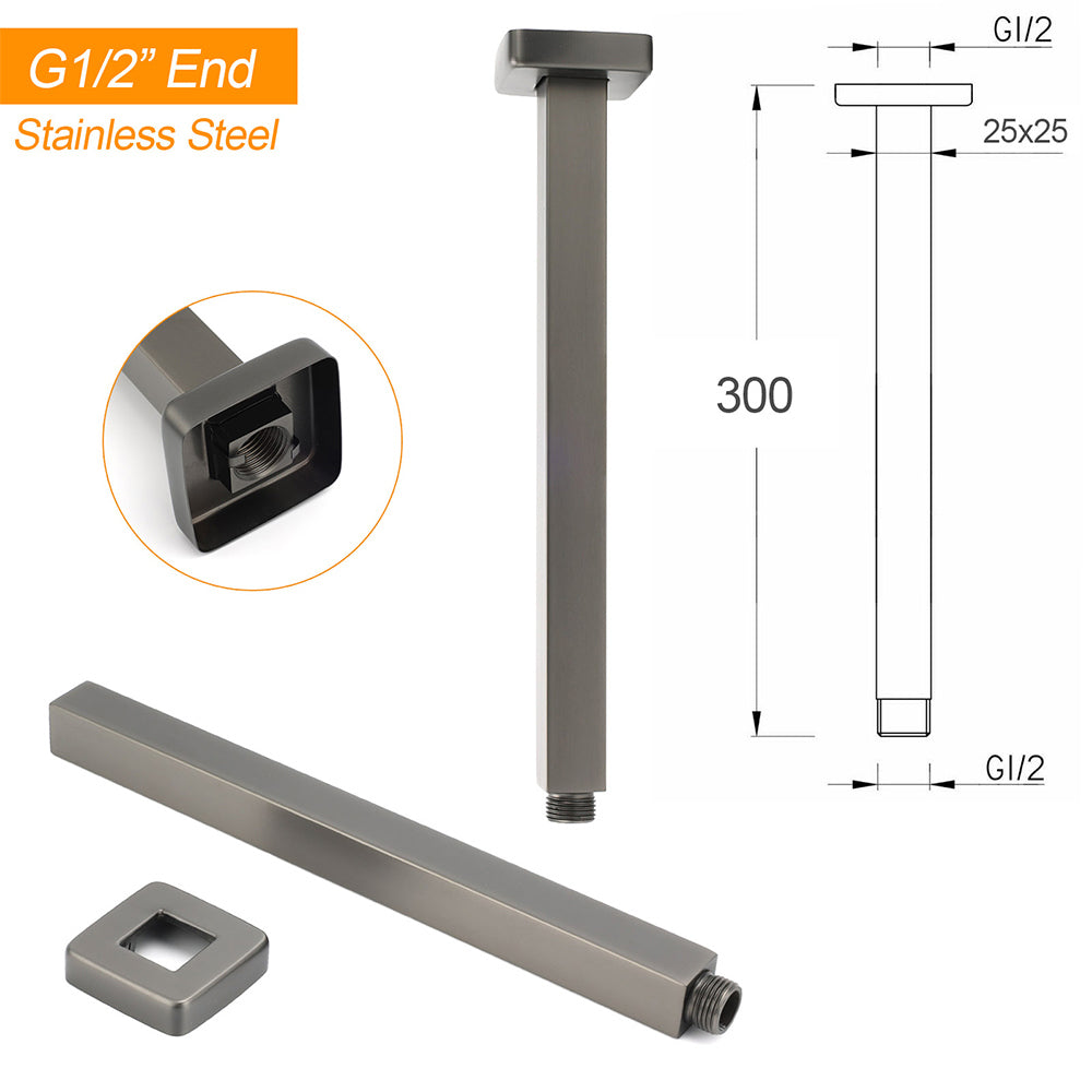 Gun Metal Square 12" Rainfall Shower Head 300mm Ceiling Dropper Arm Bath Set WELS V1233-A502300GMKSS112GM
