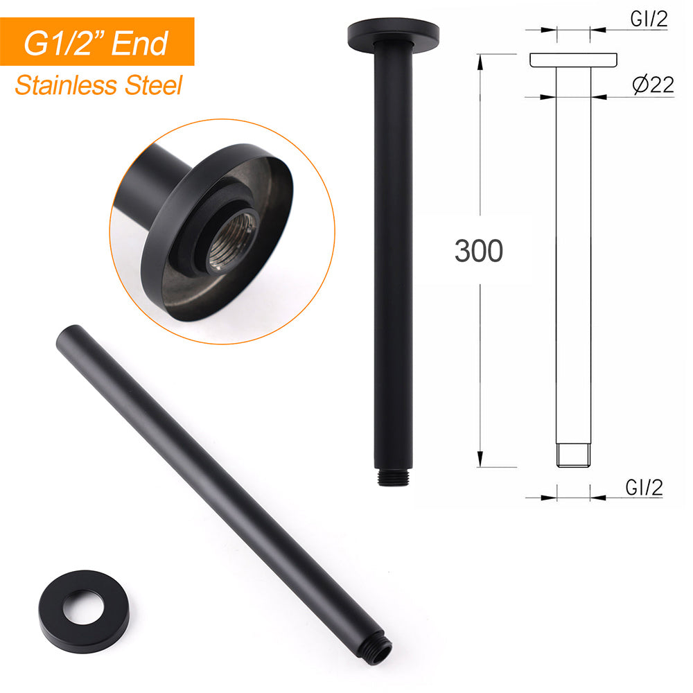Matt Black Round 16" Extra Large Rain Shower Head 300mm Ceiling Dropper Arm Set V1233-A511300BKSR116B