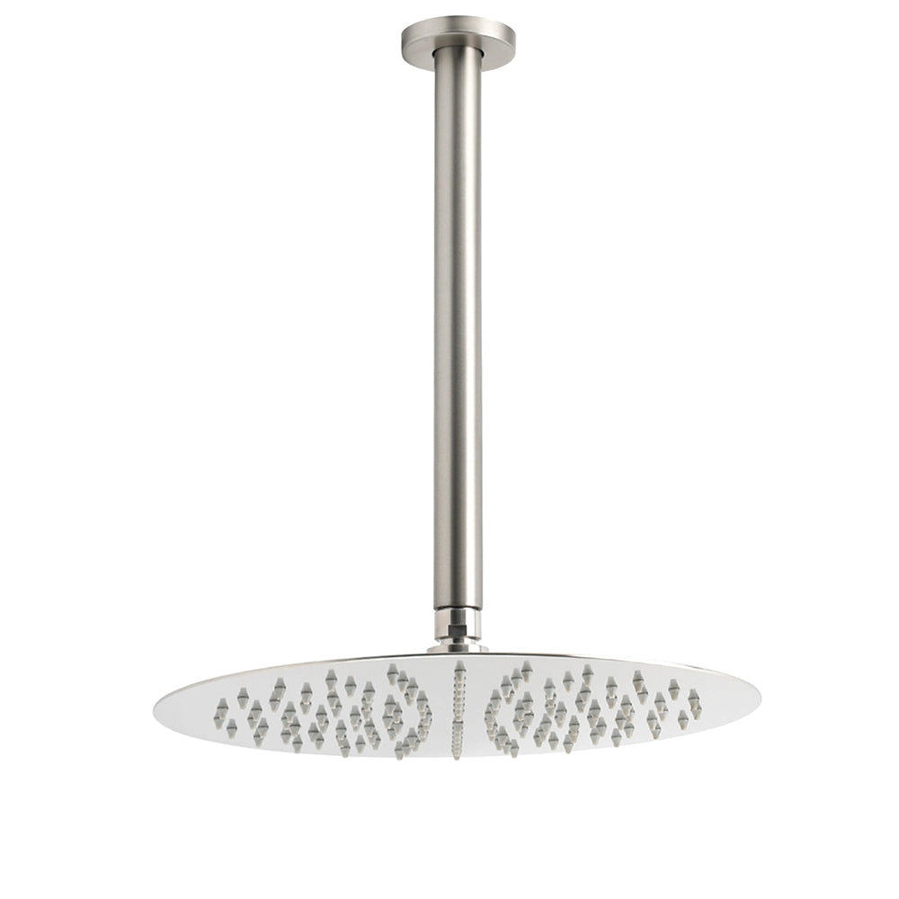 Brushed Nickel Round 12" Shower Rain Head + 300mm Brass Ceiling Dropper Arm Set V1233-A511300NKSR112N