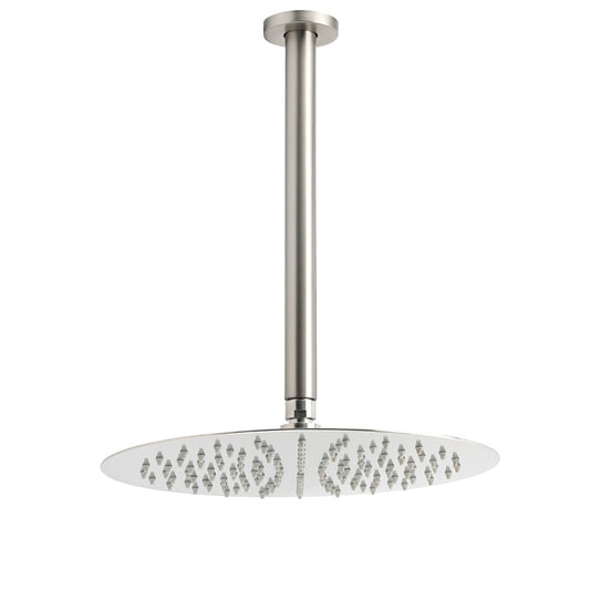 Brushed Nickel Round 12" Shower Rain Head + 300mm Brass Ceiling Dropper Arm Set V1233-A511300NKSR112N