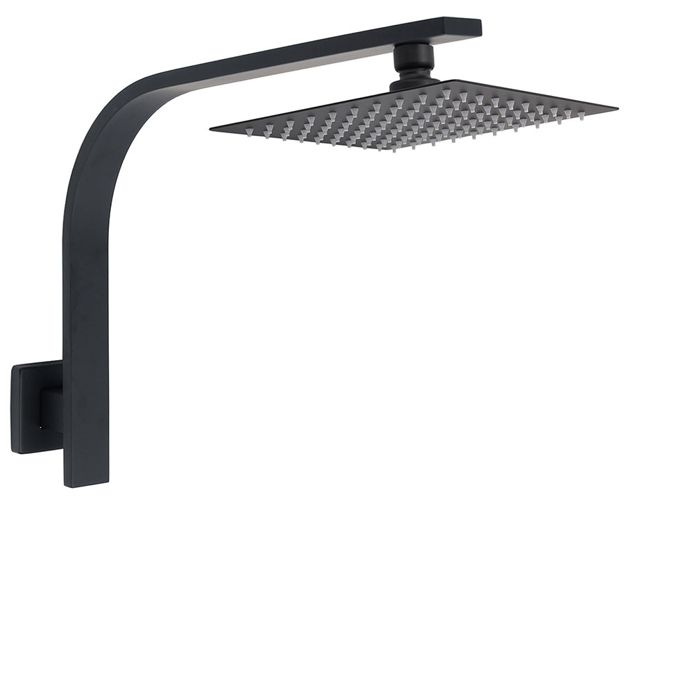 Matt Black 8" Square Thin Rain Shower Head Brass Gooseneck Wall Arm Watermark V1233-A602BKSS108B