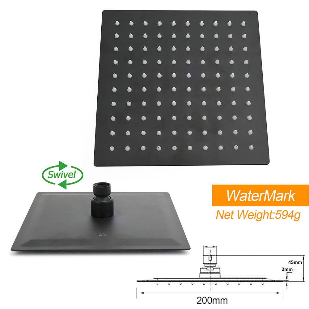Matt Black 8" Square Thin Rain Shower Head Brass Gooseneck Wall Arm Watermark V1233-A602BKSS108B
