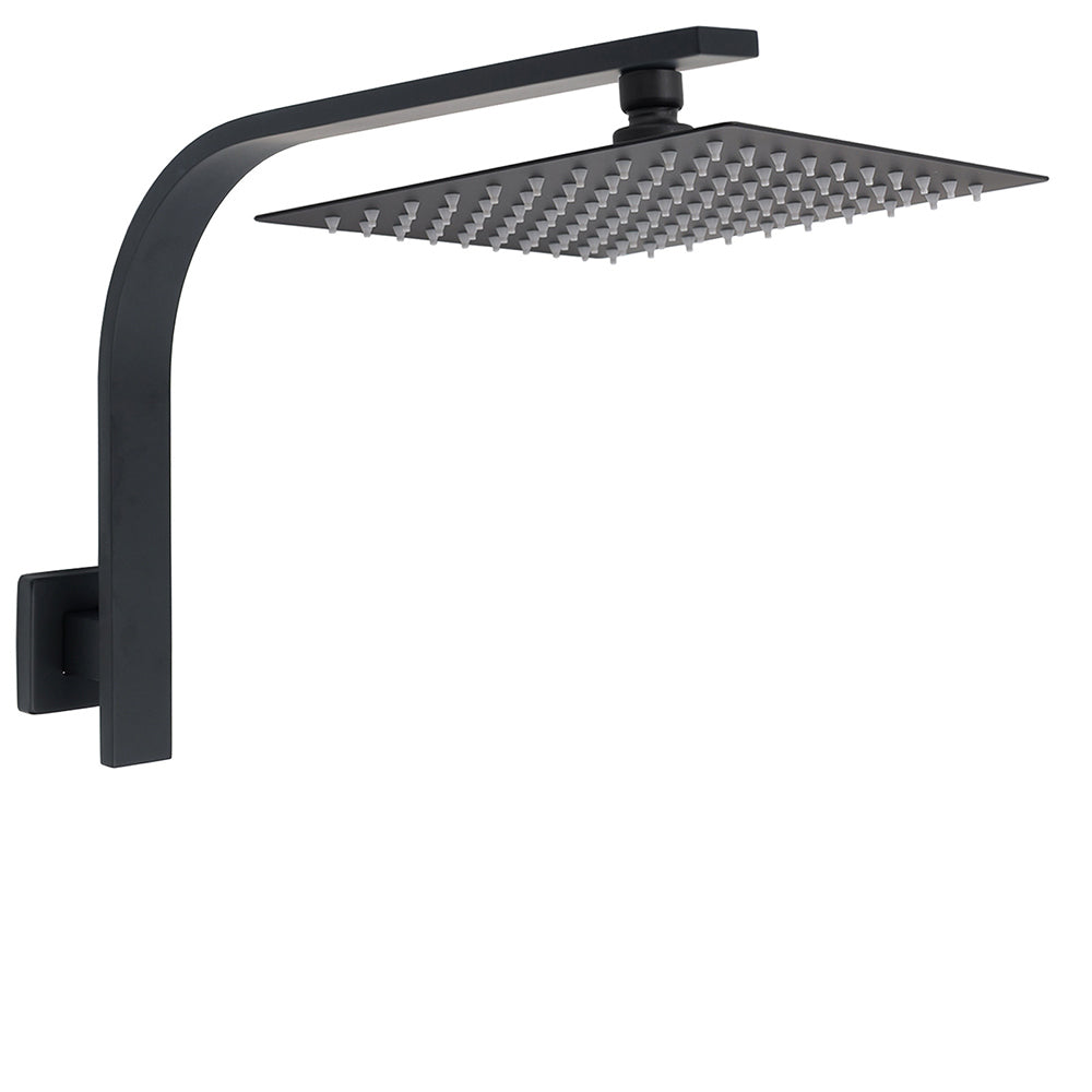 WELS Matt Black 10" Square Thin Rain Shower Head Brass Gooseneck Wall Arm Set V1233-A602BKSS110B