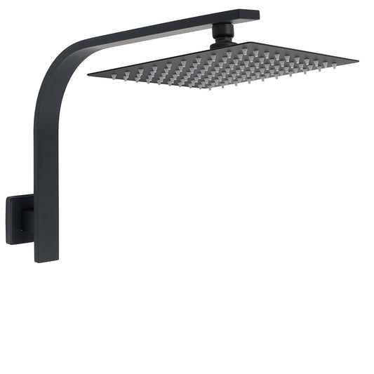 WELS Matt Black 10" Square Thin Rain Shower Head Brass Gooseneck Wall Arm Set V1233-A602BKSS110B