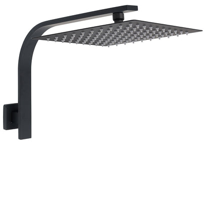 Matt Black 12" Square Large Thin Rain Shower Head Brass Gooseneck Wall Arm Watermark V1233-A602BKSS112B