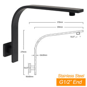 Matt Black 12" Square Large Thin Rain Shower Head Brass Gooseneck Wall Arm Watermark V1233-A602BKSS112B