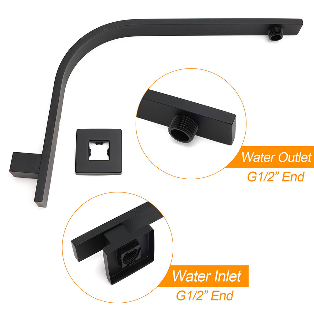 Matt Black 12" Square Large Thin Rain Shower Head Brass Gooseneck Wall Arm Watermark V1233-A602BKSS112B