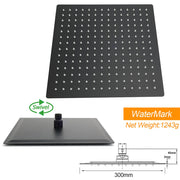 Matt Black 12" Square Large Thin Rain Shower Head Brass Gooseneck Wall Arm Watermark V1233-A602BKSS112B