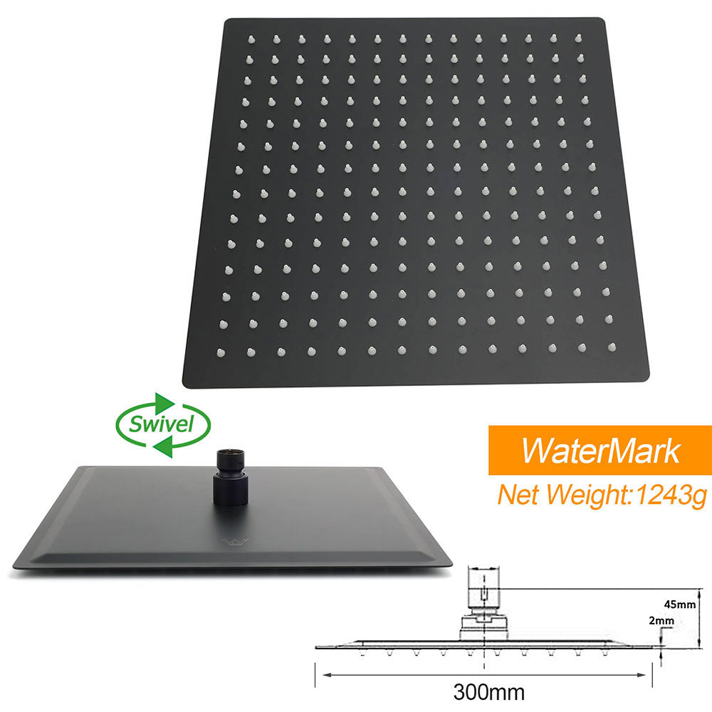 Matt Black 12" Square Large Thin Rain Shower Head Brass Gooseneck Wall Arm Watermark V1233-A602BKSS112B