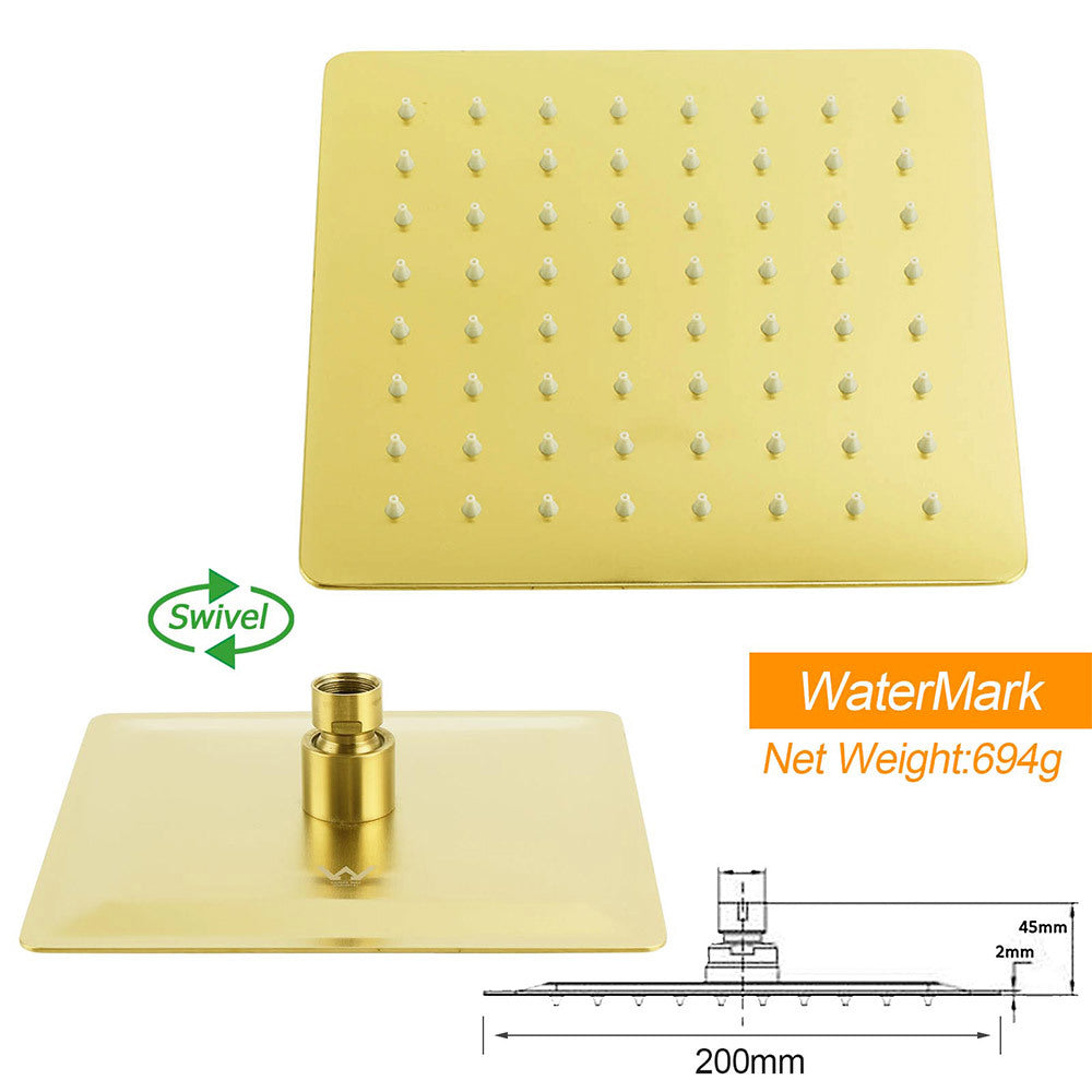 WELS Brushed Gold Square 8" Slim Rain Shower Head Brass Wall Gooseneck Arm Set V1233-A602GKSS108G
