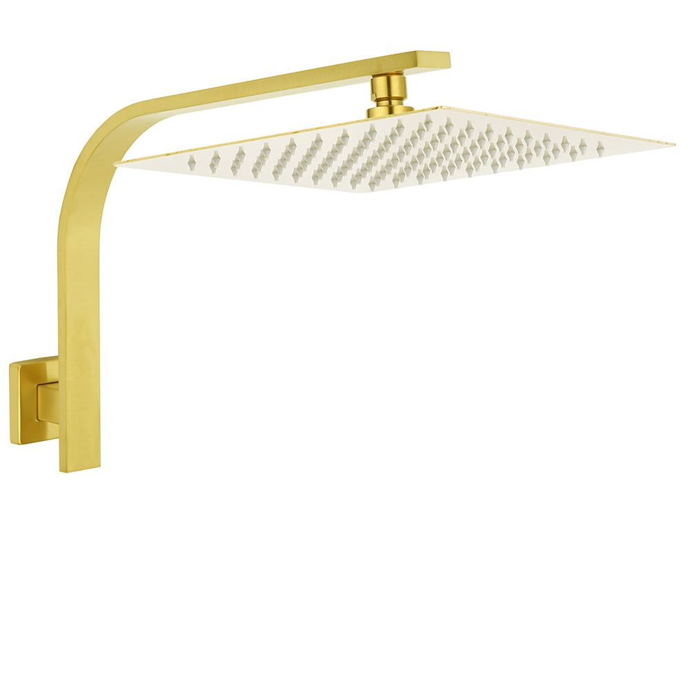 WELS Brushed Gold 12" Square SUS Shower Head + Brass Gooseneck Wall Arm Set V1233-A602GKSS112G