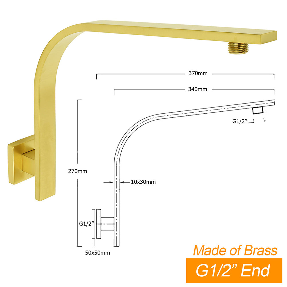 WELS Brushed Gold 12" Square SUS Shower Head + Brass Gooseneck Wall Arm Set V1233-A602GKSS112G