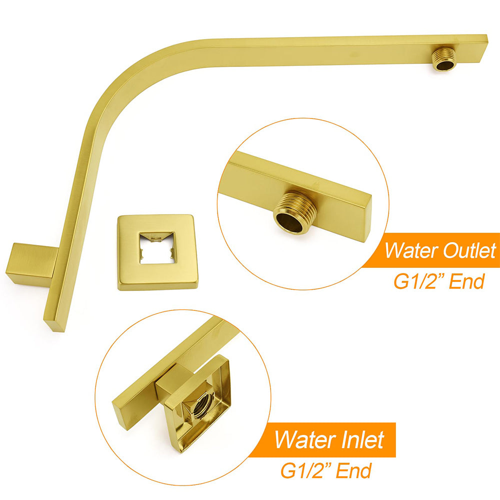 WELS Brushed Gold 12" Square SUS Shower Head + Brass Gooseneck Wall Arm Set V1233-A602GKSS112G