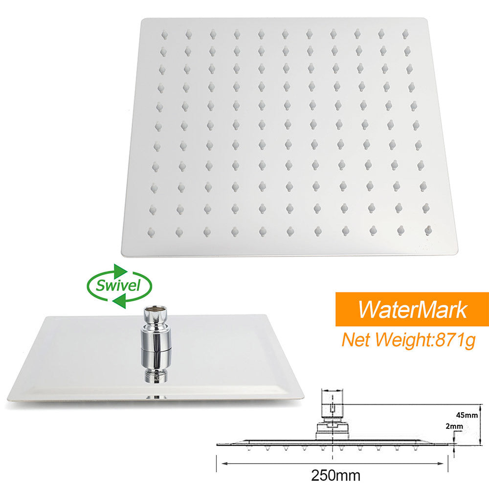 WELS Chrome Square 10" Thin Rainfall Shower Head + Brass Gooseneck Wall Arm Set V1233-A602KSS110