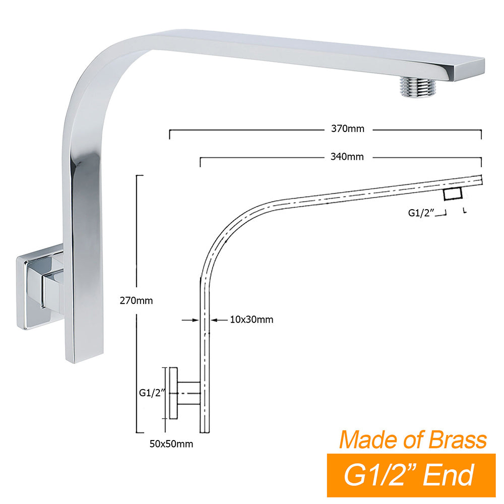 Chrome Square 12" Large Rainfall Shower Head Rose Brass Gooseneck Wall Arm Set V1233-A602KSS112