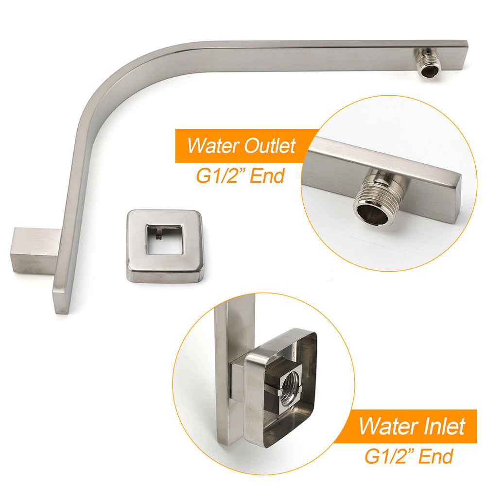 Brushed Nickel Silver Square 8" Rain Shower Head & Brass Gooseneck Wall Arm Set V1233-A602NKSS108N