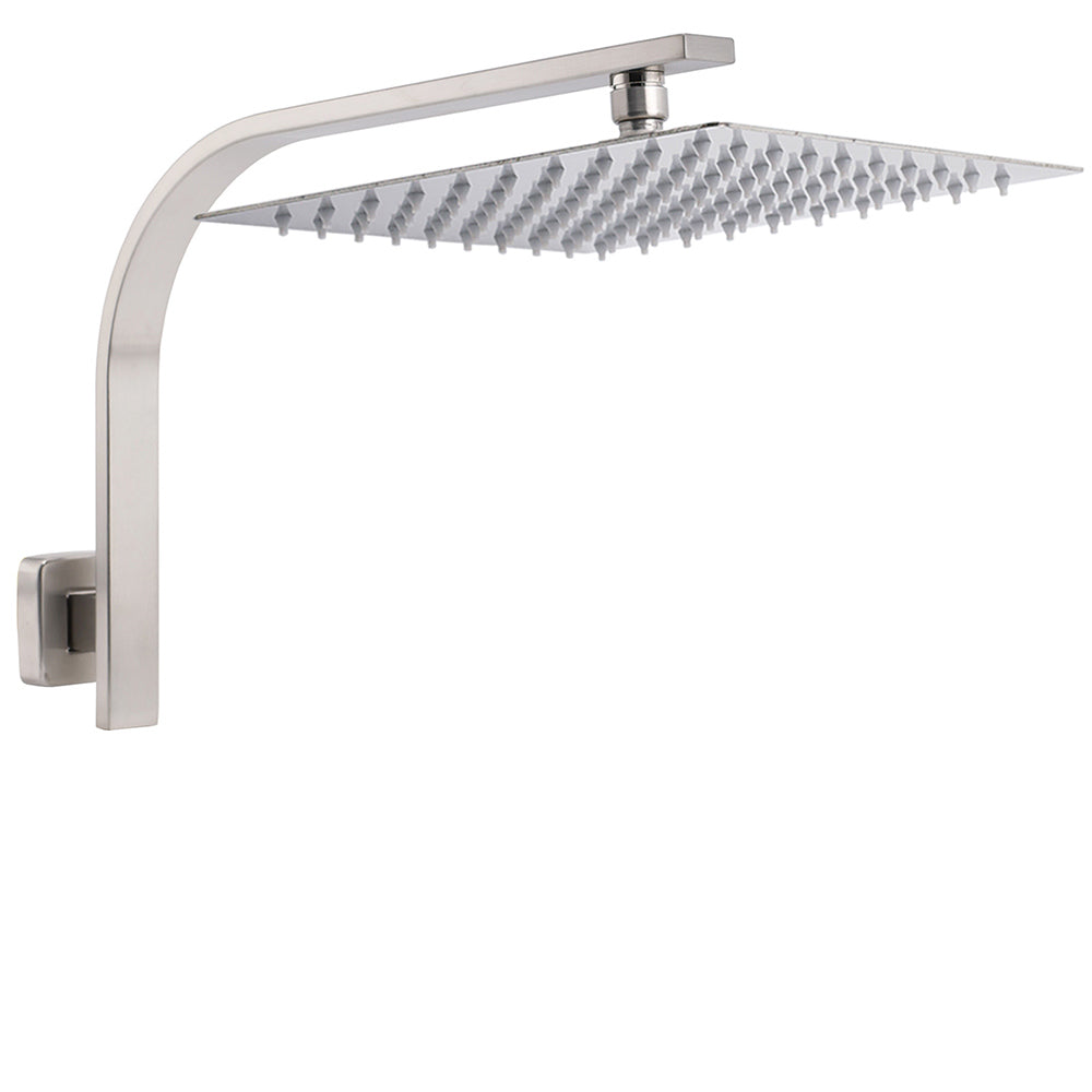 Brushed Nickel Silver Square 12" Rain Shower Head & Brass Gooseneck Wall Arm Set V1233-A602NKSS112N
